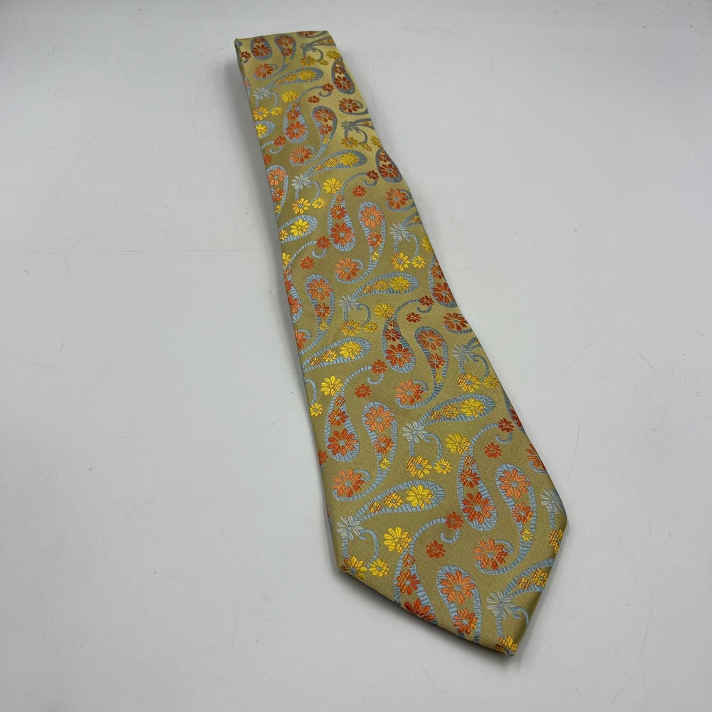 D&T Mens Silk Tie Gold Paisley Floral Handmade Necktie Orange Yellow Blue